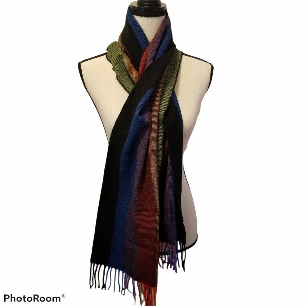 Cashmyarn By Berkshire Colorful Striped Scarf With Fringe Acrylic‎